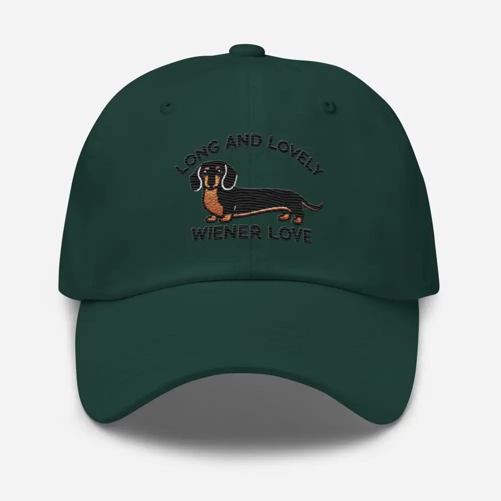 Spruce green embroidered dachshund Long and Lovely Weiner hat – cotton twill dog cap