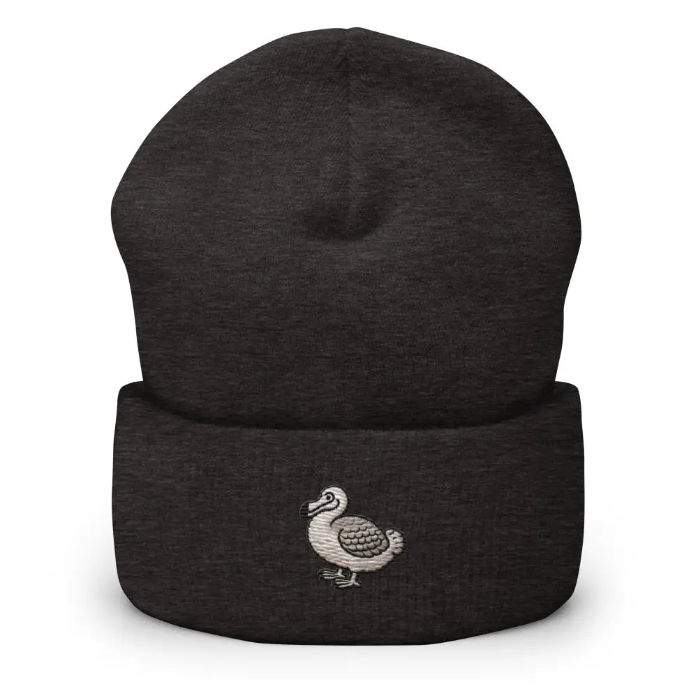 Dark gray embroidered dodo bird cuffed beanie by Trini Skies
