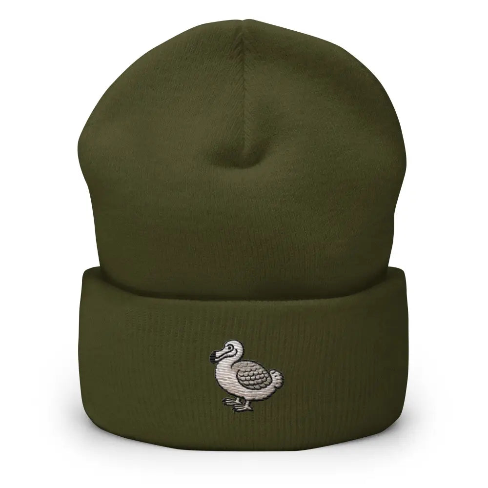 Olive green embroidered dodo bird cuffed beanie by Trini Skies