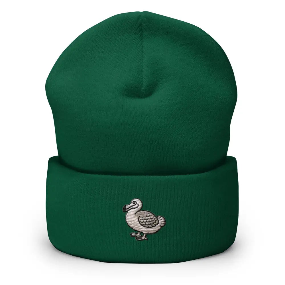Emerald green dodo bird cuffed embroidered bird cuffed beanie