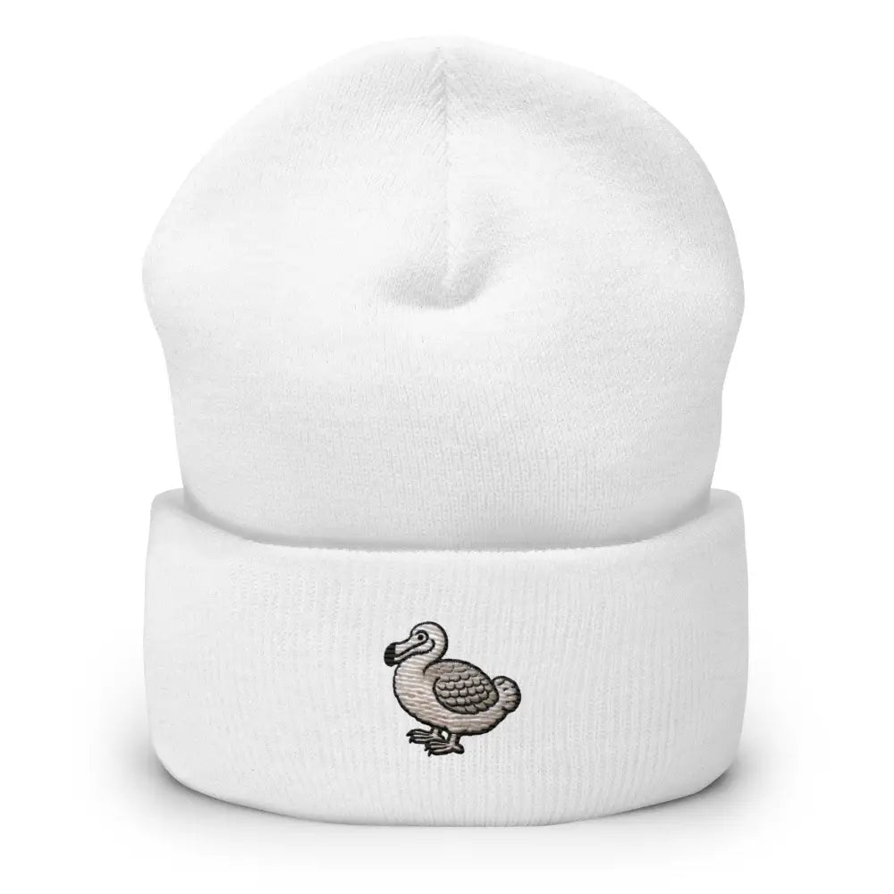 White embroidered dodo bird cuffed beanie by Trini Skies