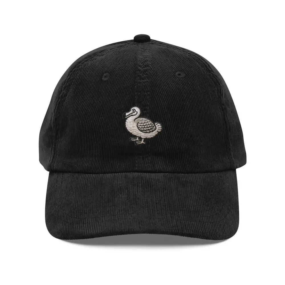 Embroidered dodo bird on black corduroy baseball cap by Trini Skies