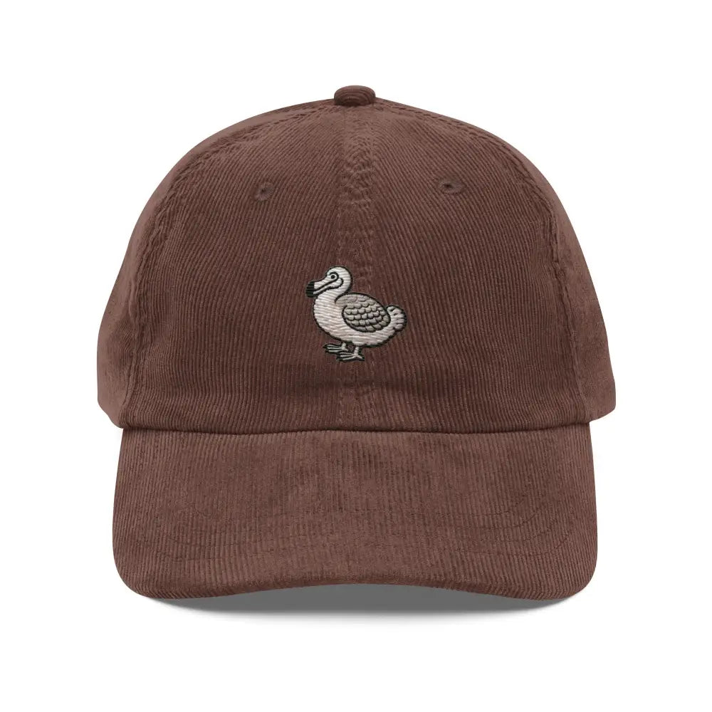 Embroidered dodo bird on brown corduroy baseball cap