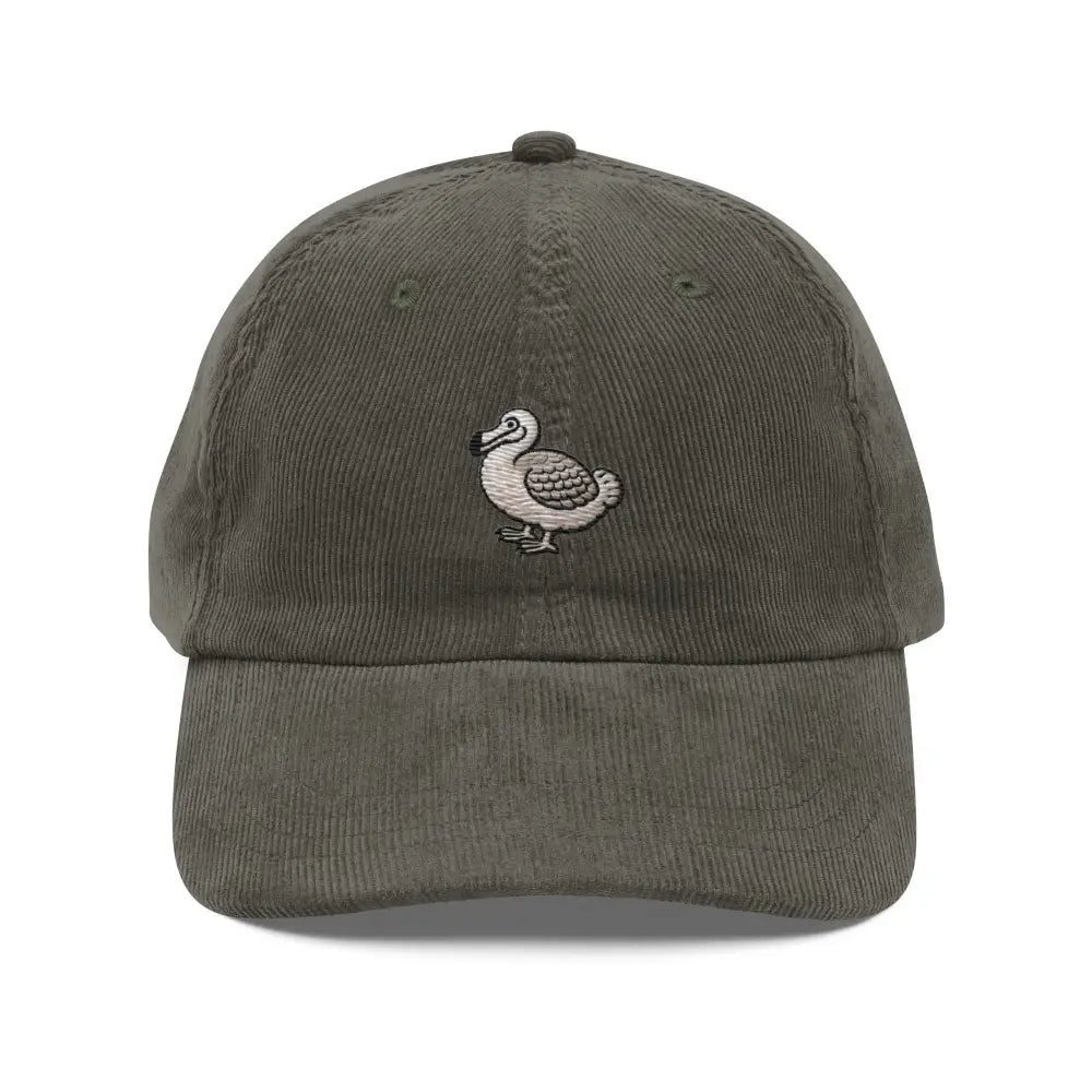 Green embroidered dodo bird on Trini Skies vintage corduroy cap