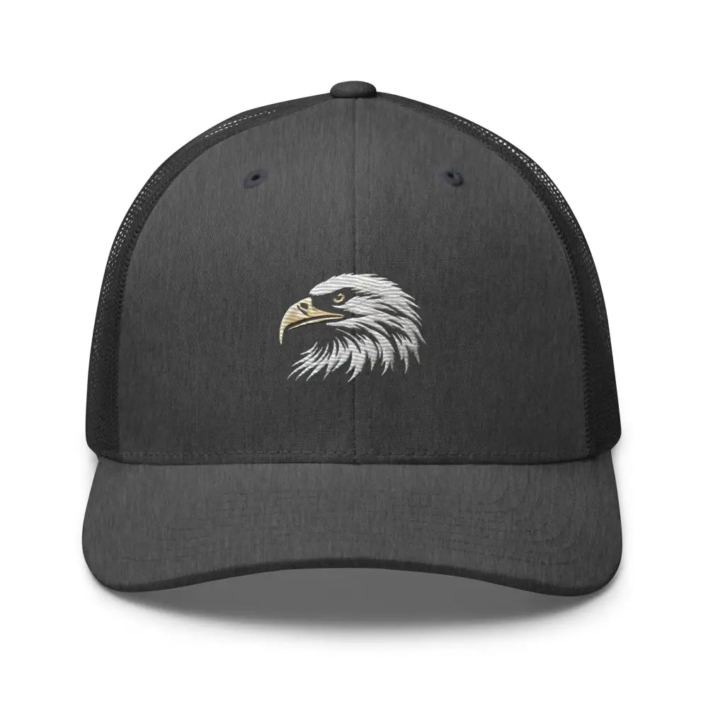 Dark gray embroidered eagle trucker cap with white eagle head, classic mesh adjustable snapback by Trini Skies Supply