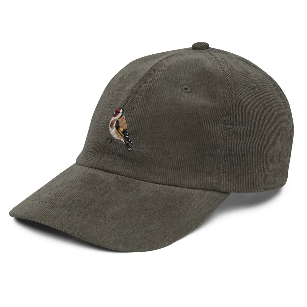 Vintage corduroy cap with embroidered European goldfinch