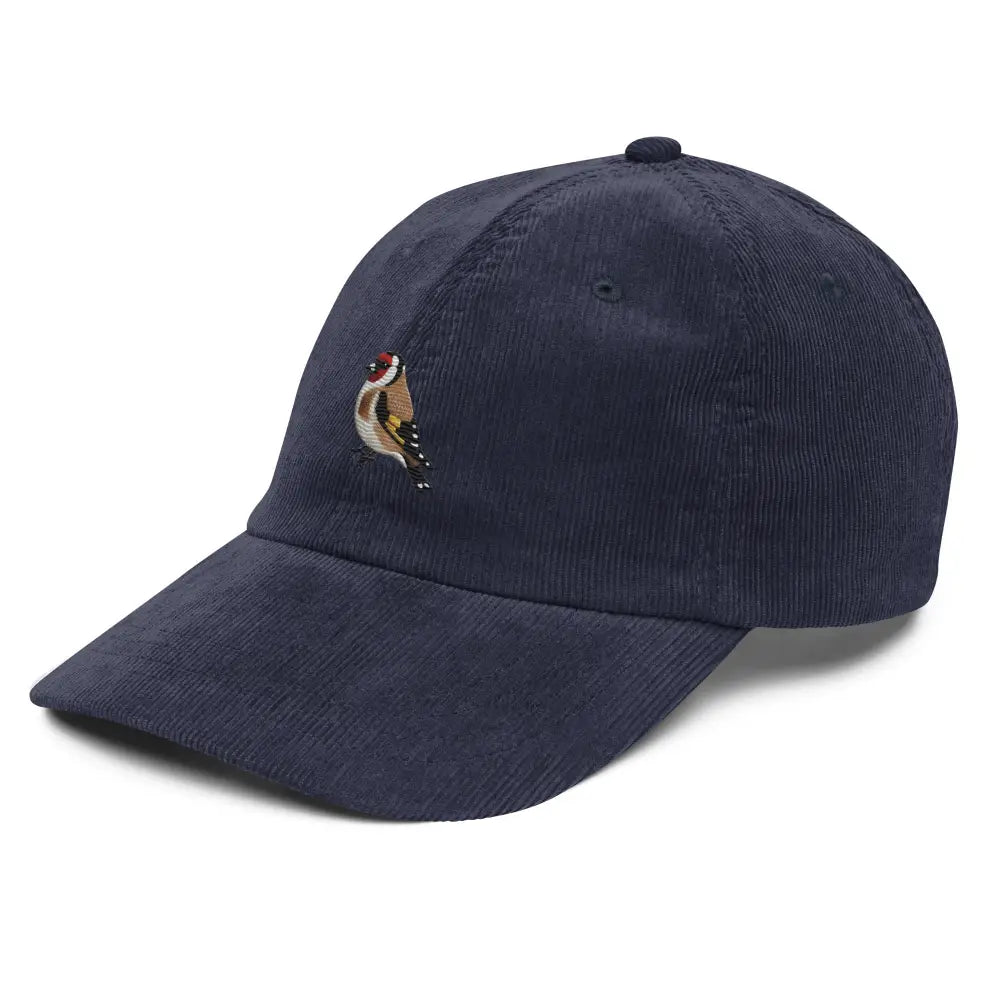 Navy blue vintage corduroy cap with embroidered European goldfinch