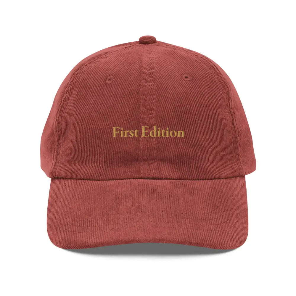 Red vintage corduroy cap embroidered First Edition in gold