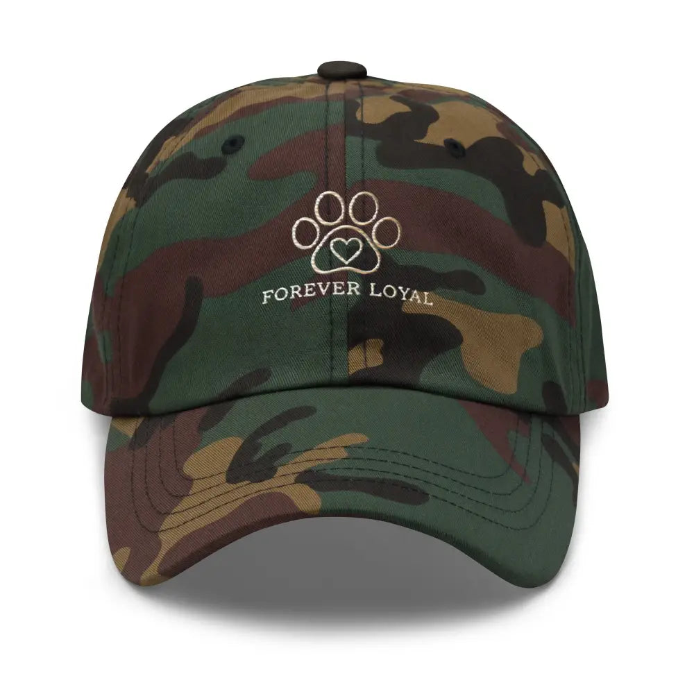 Embroidered Forever Loyal Pet paw print heart camo dad hat by Trini Skies
