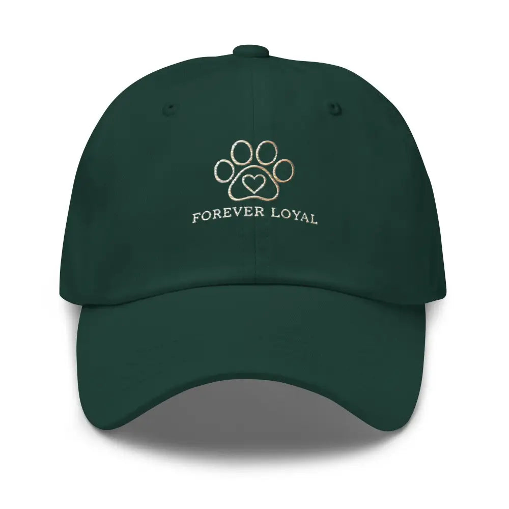 Dark green Embroidered Forever Loyal Pet paw print heart dad hat by Trini Skies