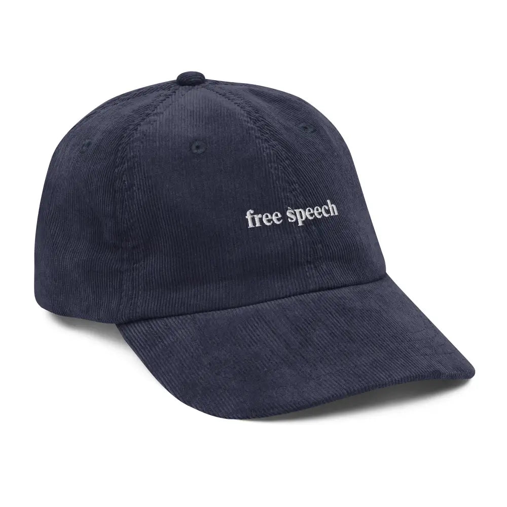 Navy blue embroidered free speech vintage corduroy cap by Trini Skies