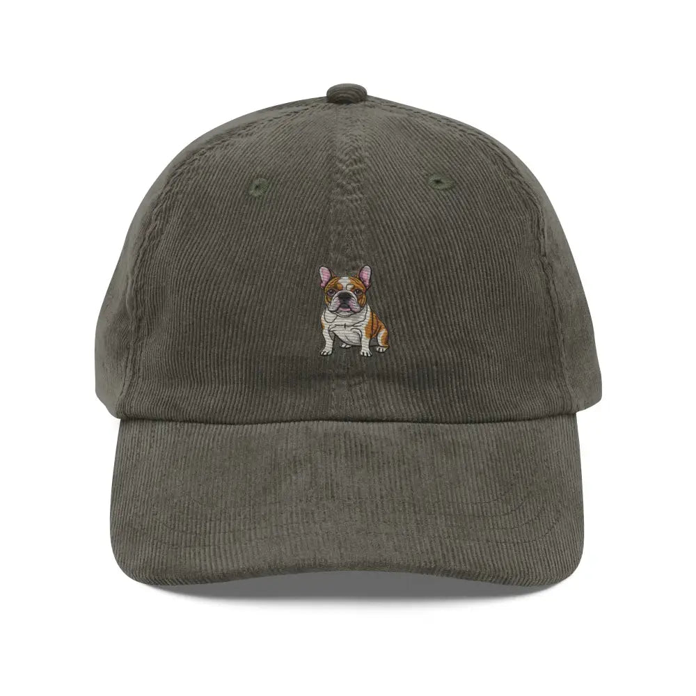 Olive green French bulldog corduroy hat with embroidered bulldog