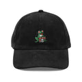 Trini Skies black embroidered corduroy cap with psychedelic frog and mushroom design