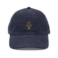 Vintage navy corduroy cap with embroidered frog on mushroom