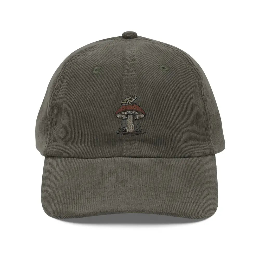 Vintage olive green corduroy cap with embroidered frog on mushroom