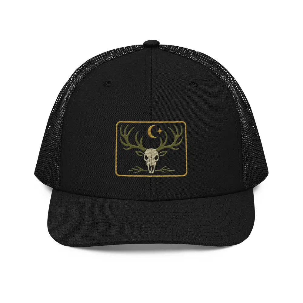 Embroidered Heritage Skull Black Mesh Trucker Hat with Deer Antlers