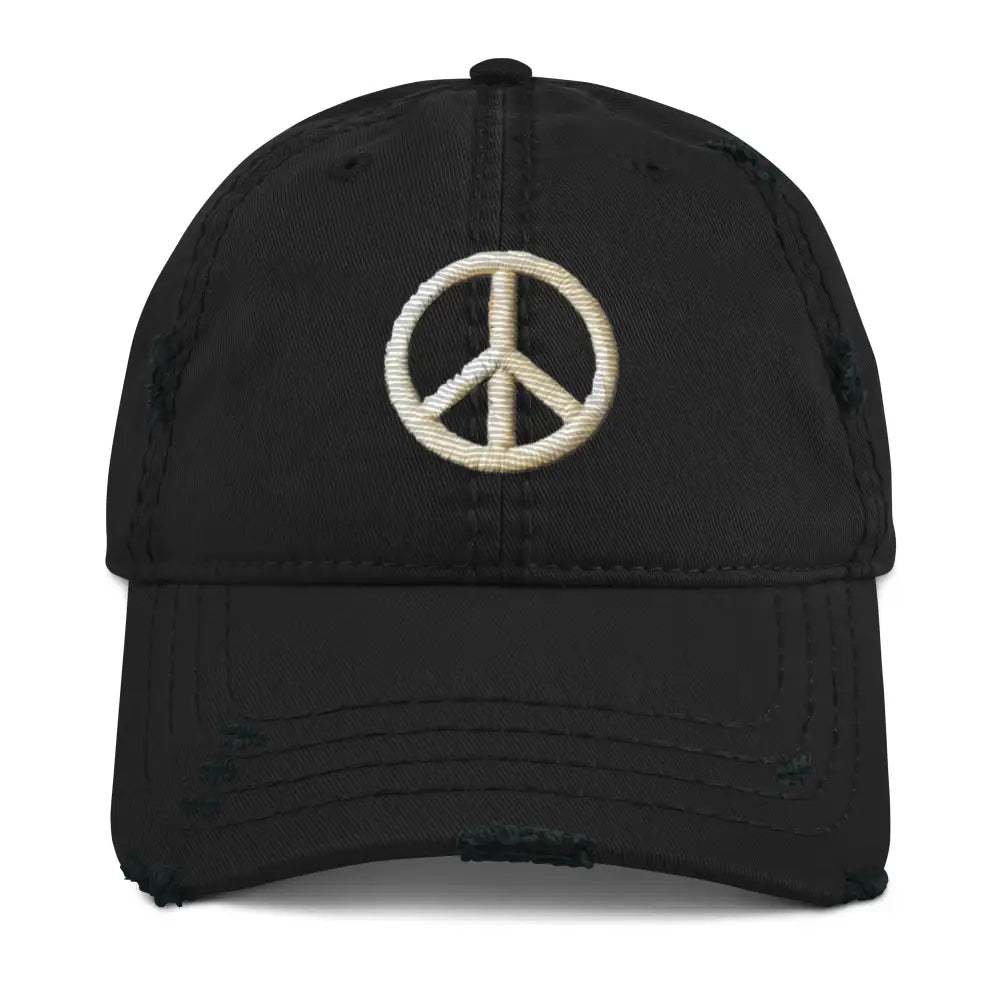 Distressed black baseball cap with embroidered peace sign boho hat
