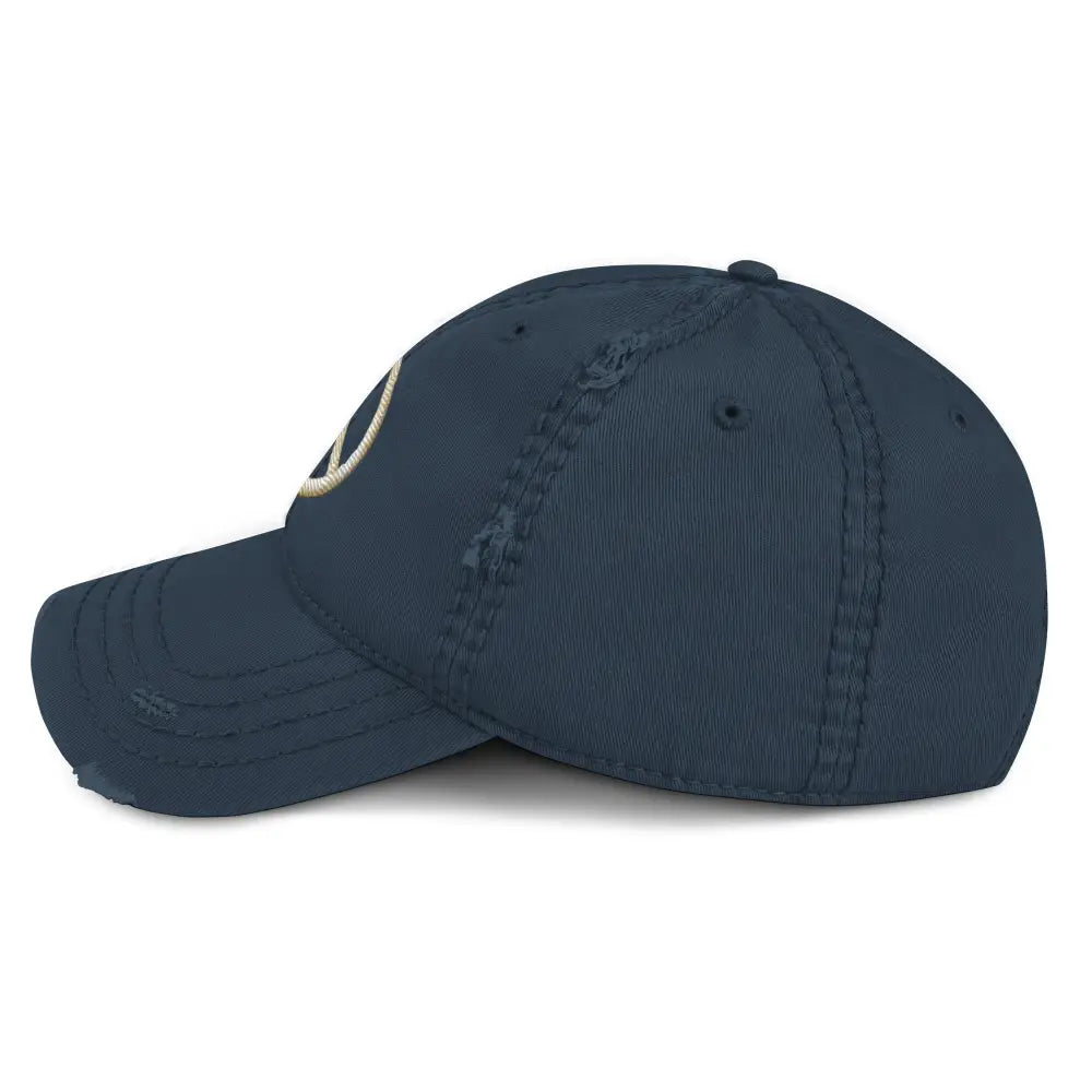 Distressed dark blue peace sign distressed boho embroidered hippie inspired hat
