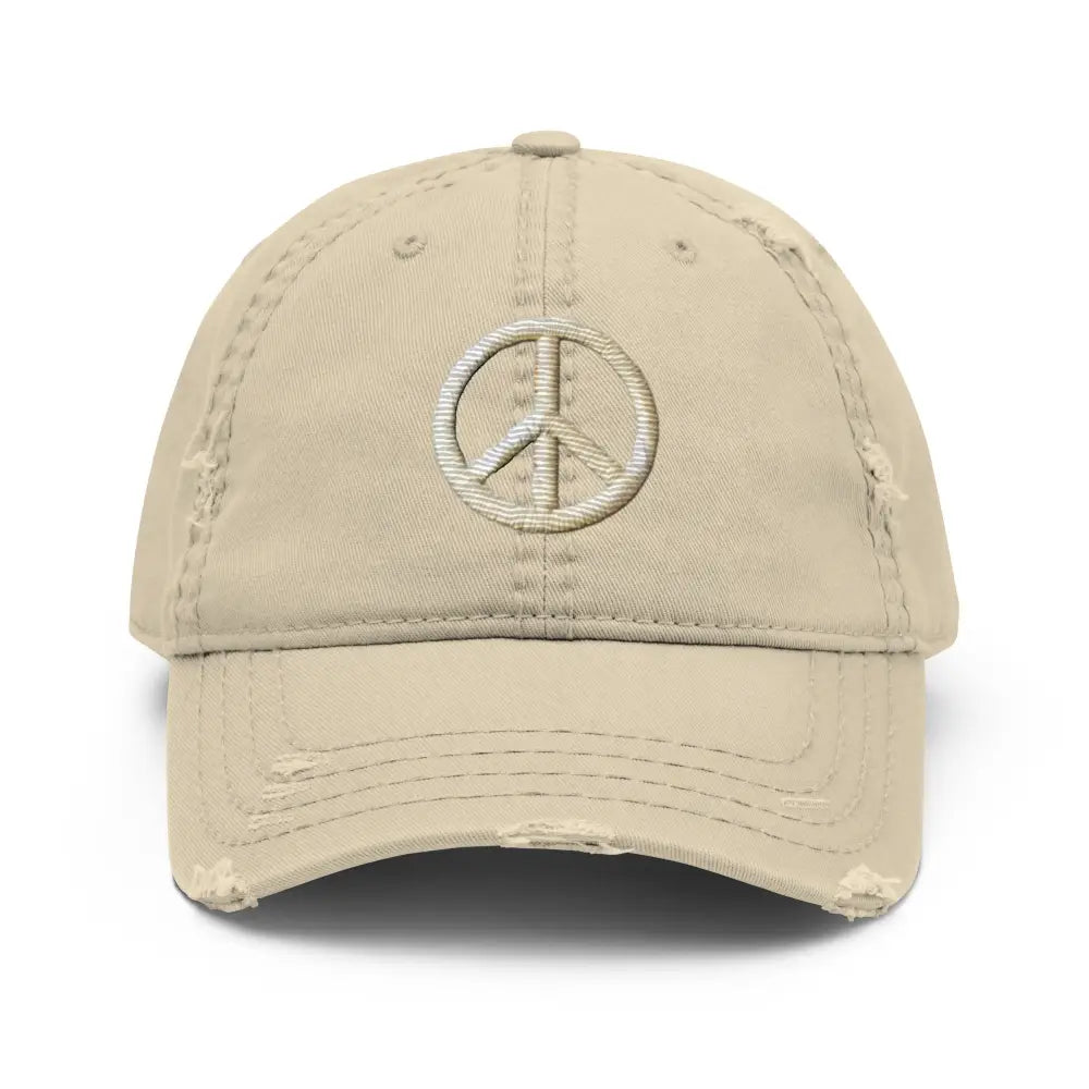 Peace sign distressed boho embroidered hippie inspired beige baseball cap