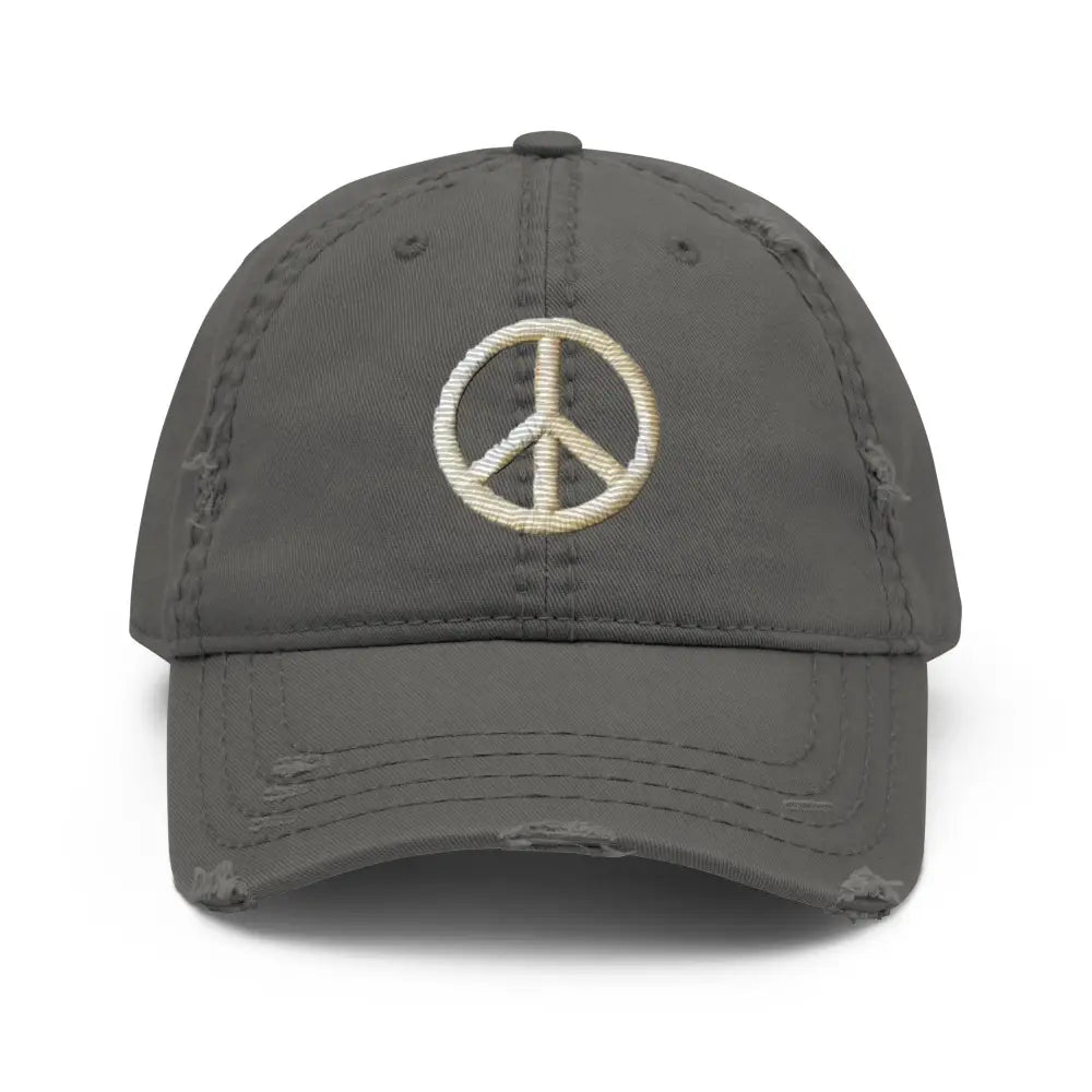 Distressed black baseball cap with embroidered hippie inspired peace sign