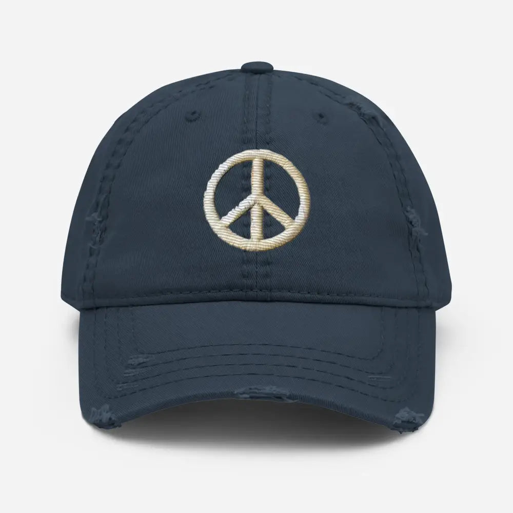 Distressed dark blue boho baseball cap with embroidered peace sign