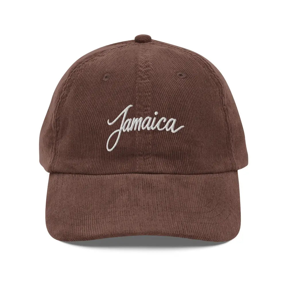 Brown corduroy vintage cap embroidered with Jamaica vacation destination