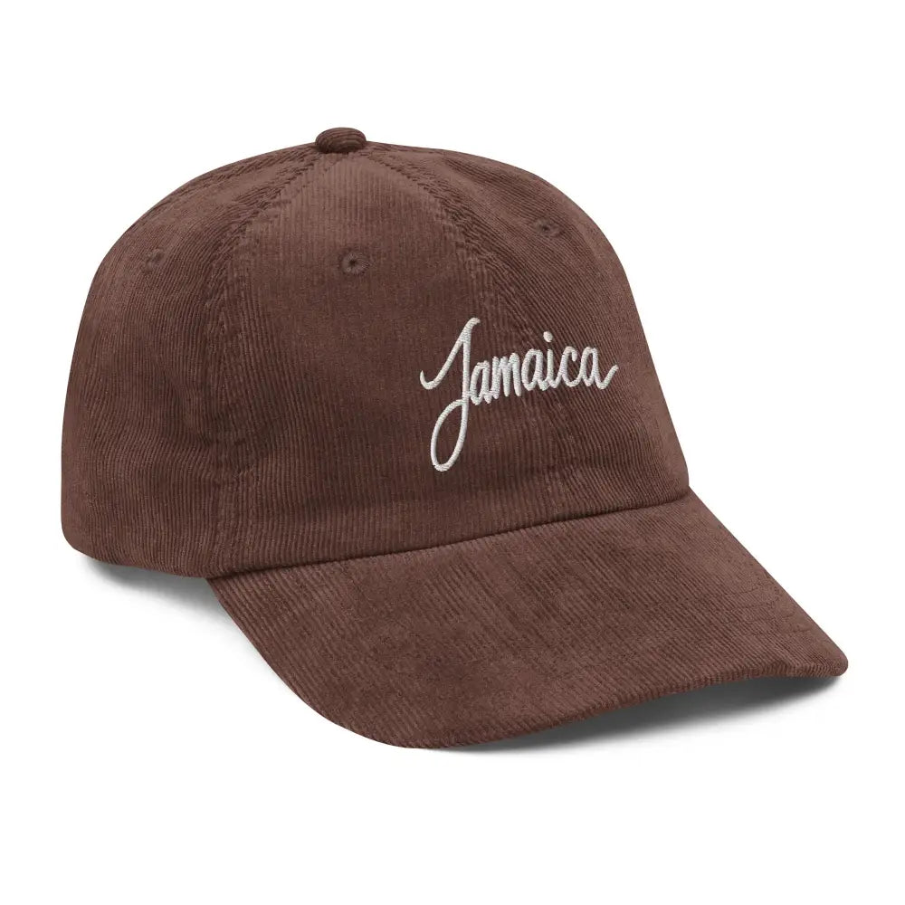 Brown vintage corduroy cap embroidered with Jamaica vacation destination