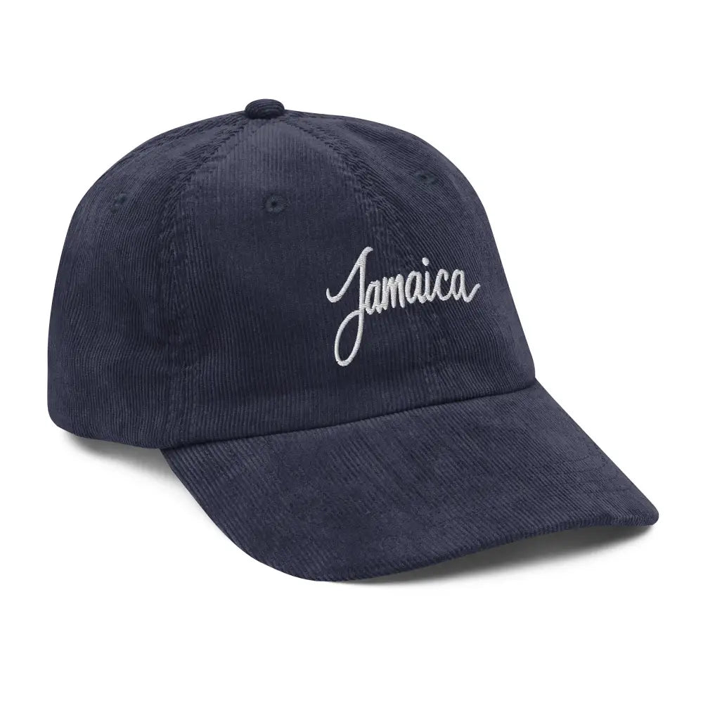 Navy blue vintage corduroy cap embroidered with Jamaica vacation destination