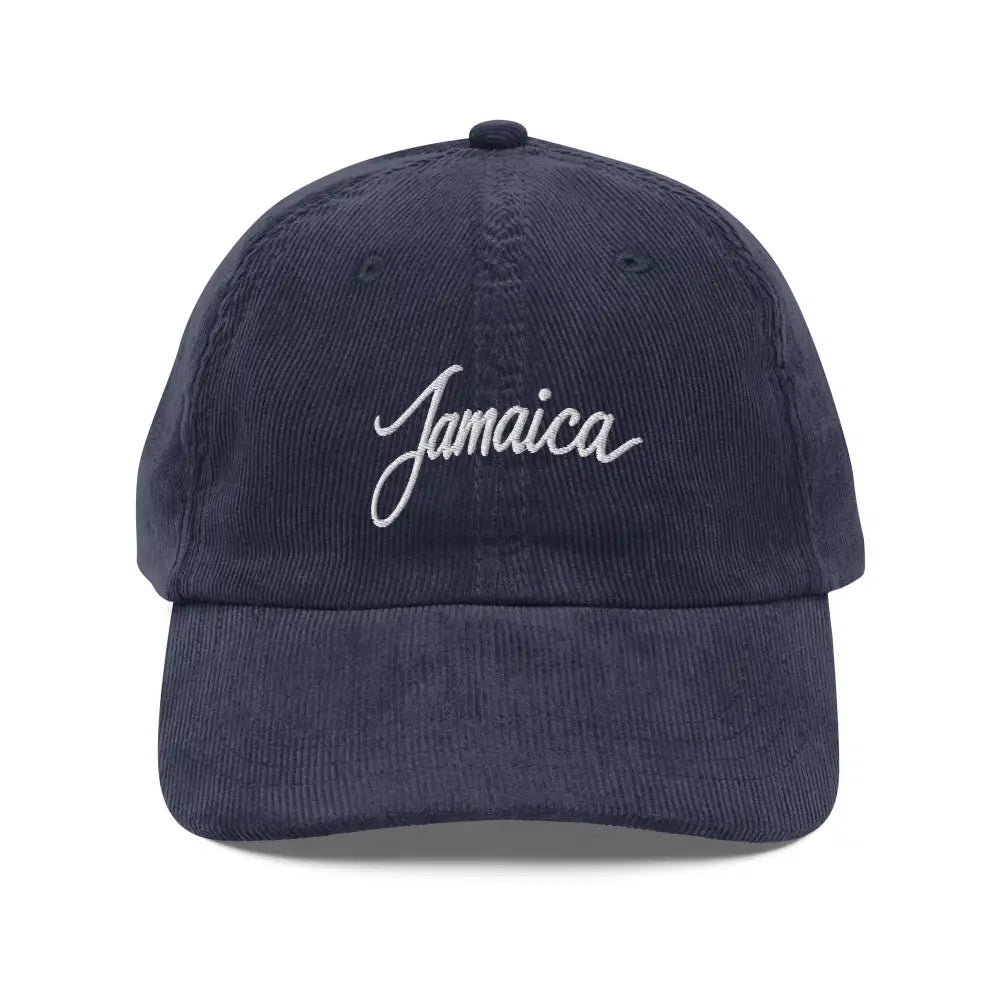 Navy blue vintage corduroy cap embroidered with Jamaica vacation destination