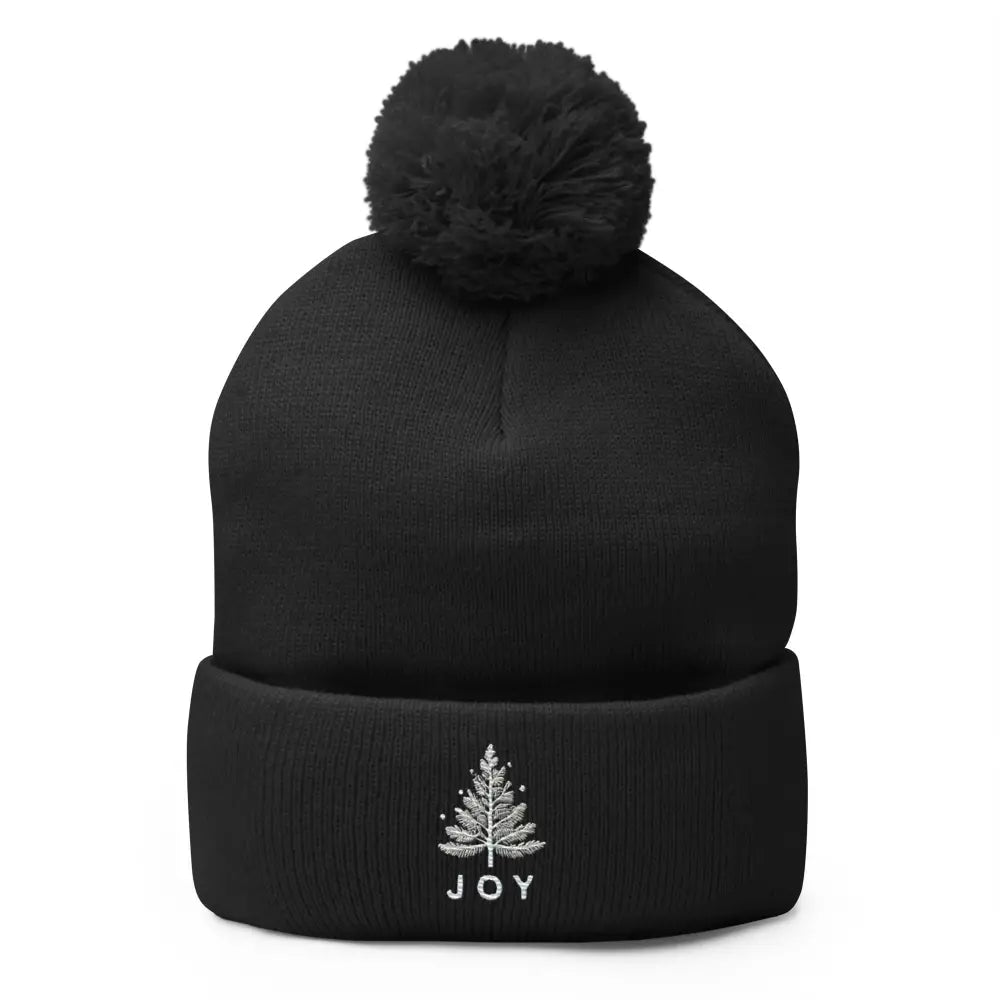 Embroidered Joy Christmas pom-pom beanie with tree and JOY by Trini Skies