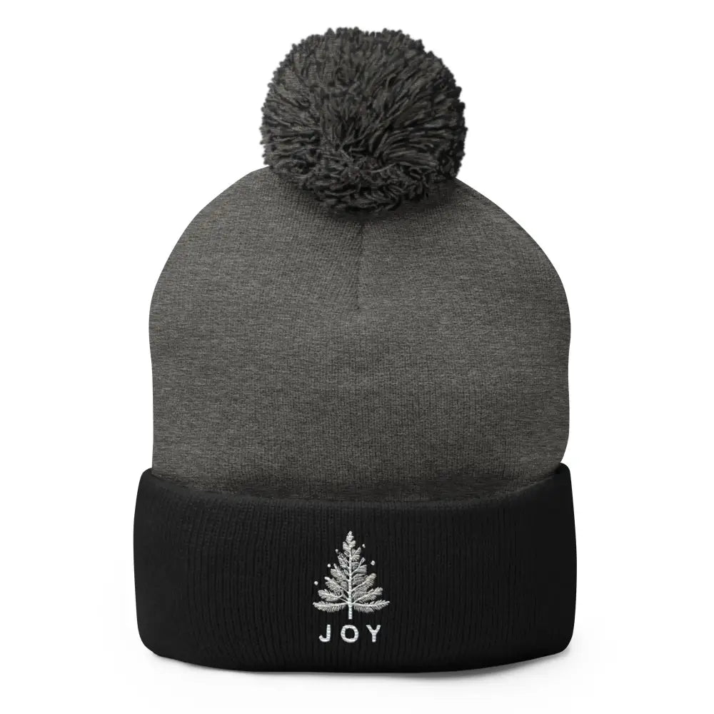 Embroidered Joy Christmas pom-pom beanie with tree by Trini Skies