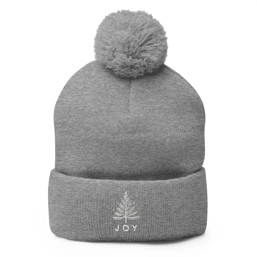 Embroidered Joy Christmas gray knit pom-pom beanie with tree by Trini Skies