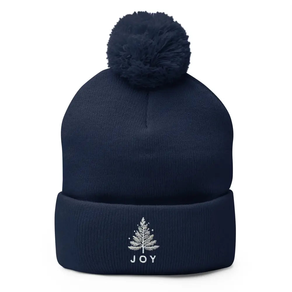 Embroidered Joy Christmas pom-pom beanie in dark blue knit with tree and JOY