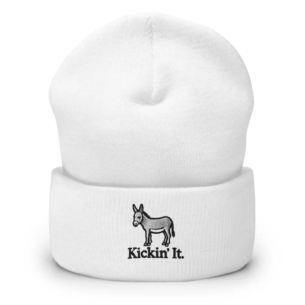 Embroidered donkey Kickin It cuffed beanie color options – funny animal winter knit hats