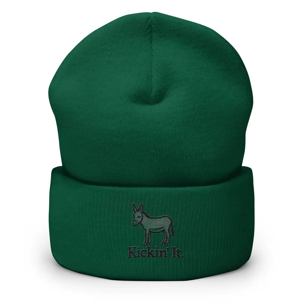 Navy embroidered donkey Kickin It cuffed beanie – funny animal winter knit hat