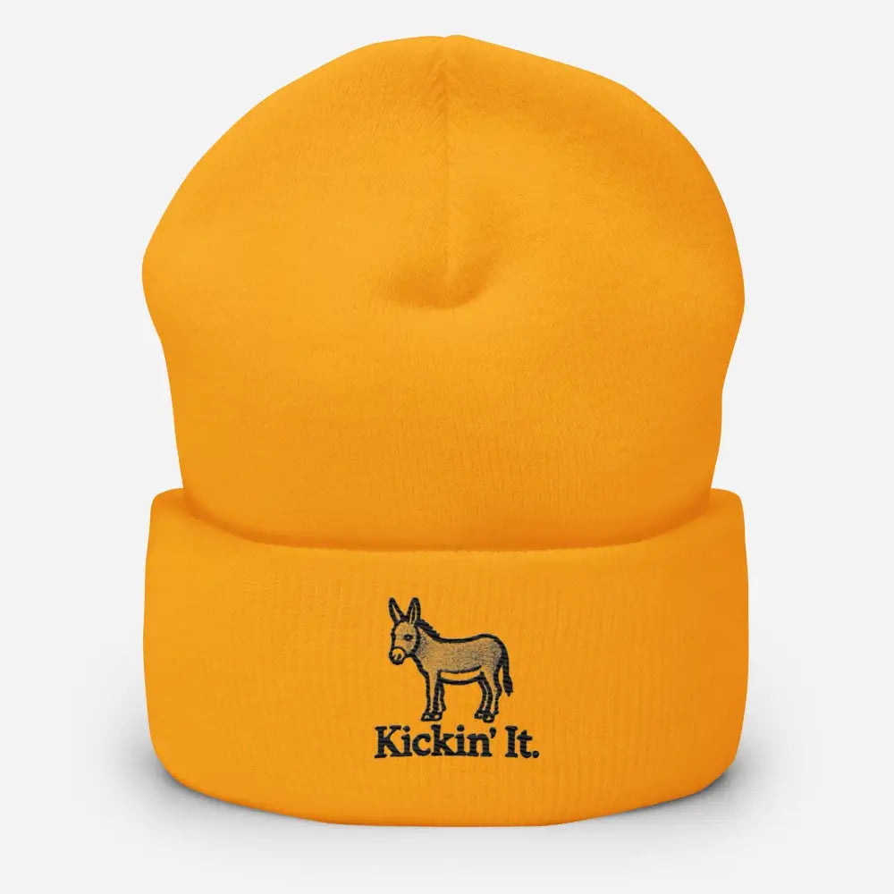 Black embroidered donkey Kickin It cuffed beanie – funny animal knit winter hat