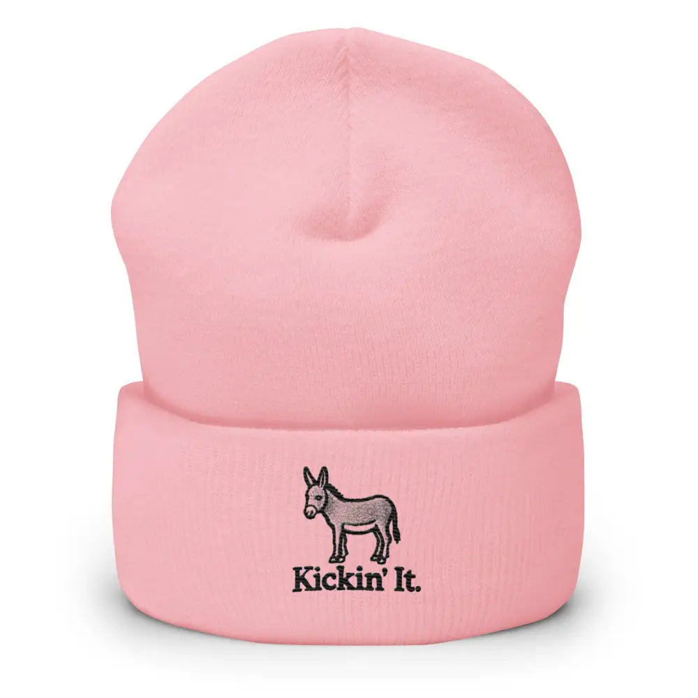 Pink embroidered donkey Kickin It cuffed beanie – funny animal winter knit hat for women