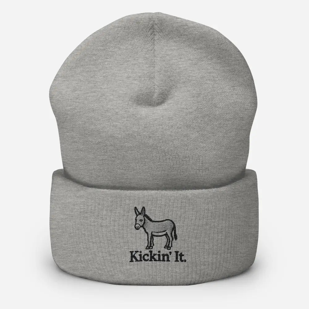 Grey embroidered donkey Kickin It cuffed beanie – funny animal winter knit hat