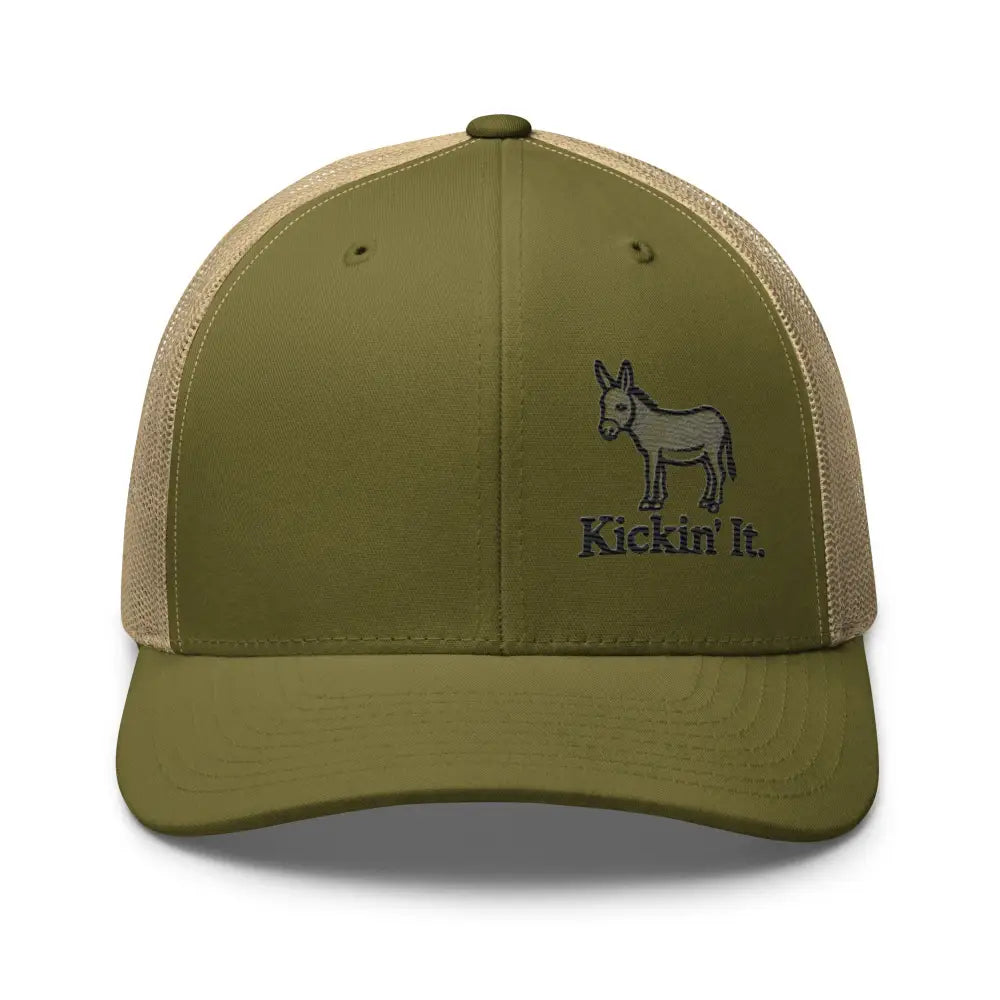 Trini Skies olive green tan mesh trucker hat with embroidered donkey kicking it graphic