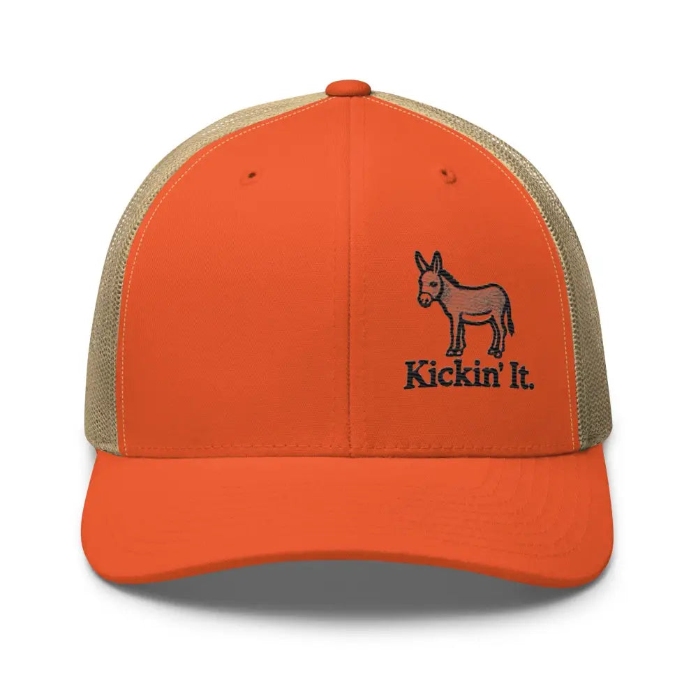 Trini Skies orange trucker hat with embroidered donkey and Kickin It