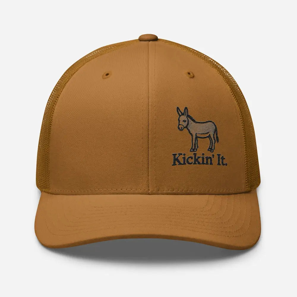 Trini Skies brown trucker hat with embroidered donkey kickin it design