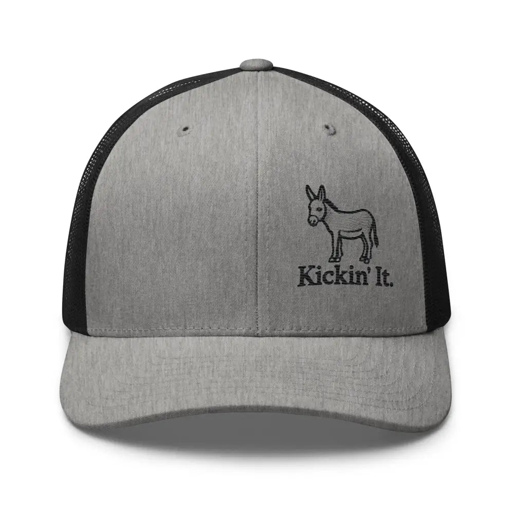 Trini Skies grey black mesh trucker hat with embroidered donkey graphic