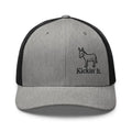 Trini Skies grey black mesh trucker hat with embroidered donkey graphic