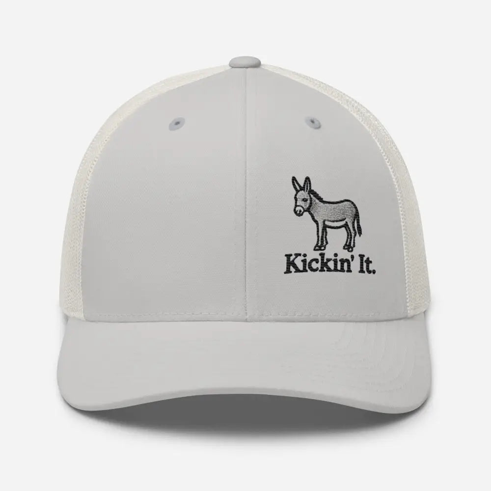 Trini Skies white mesh-back trucker hat with embroidered donkey kickin it design