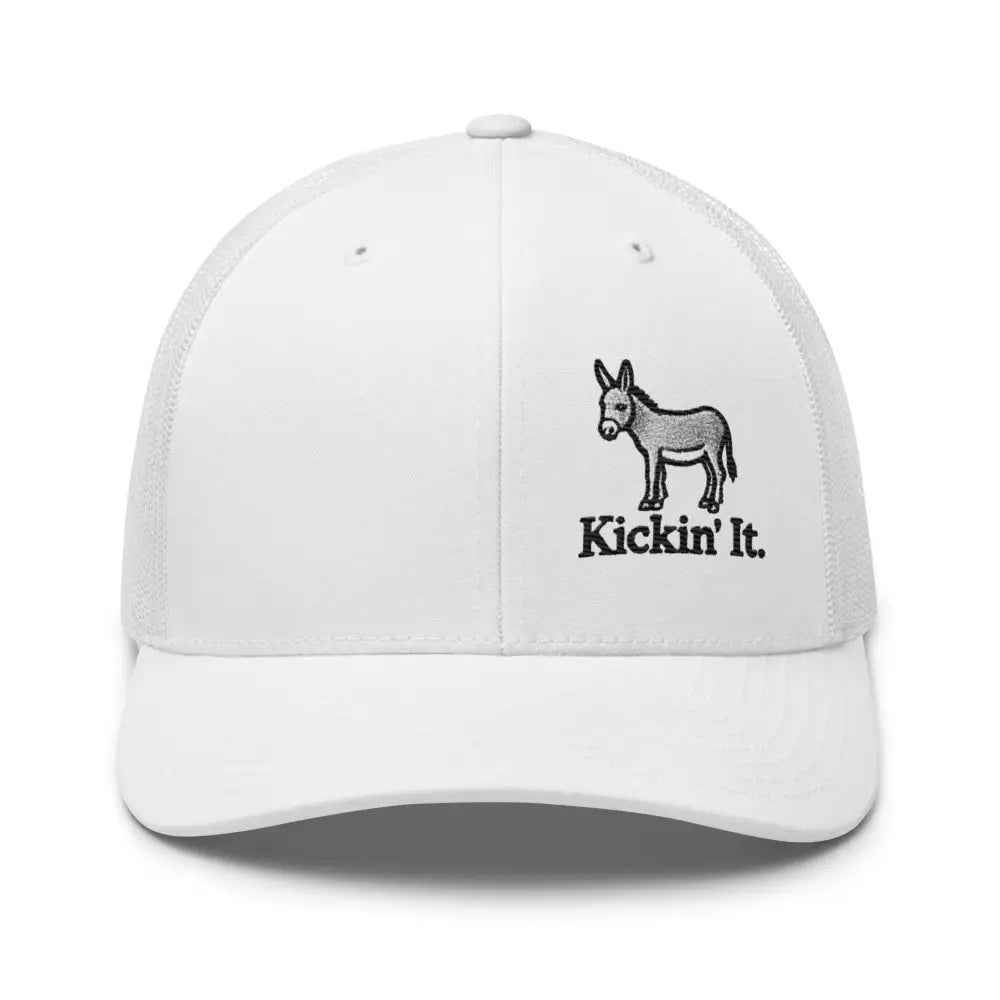 White Trini Skies trucker cap with embroidered donkey kicking it