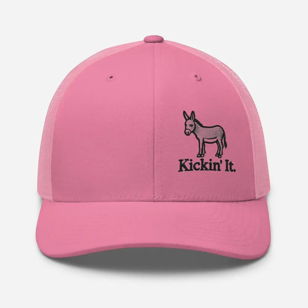 Pink Trini Skies trucker hat with embroidered donkey kickin graphic