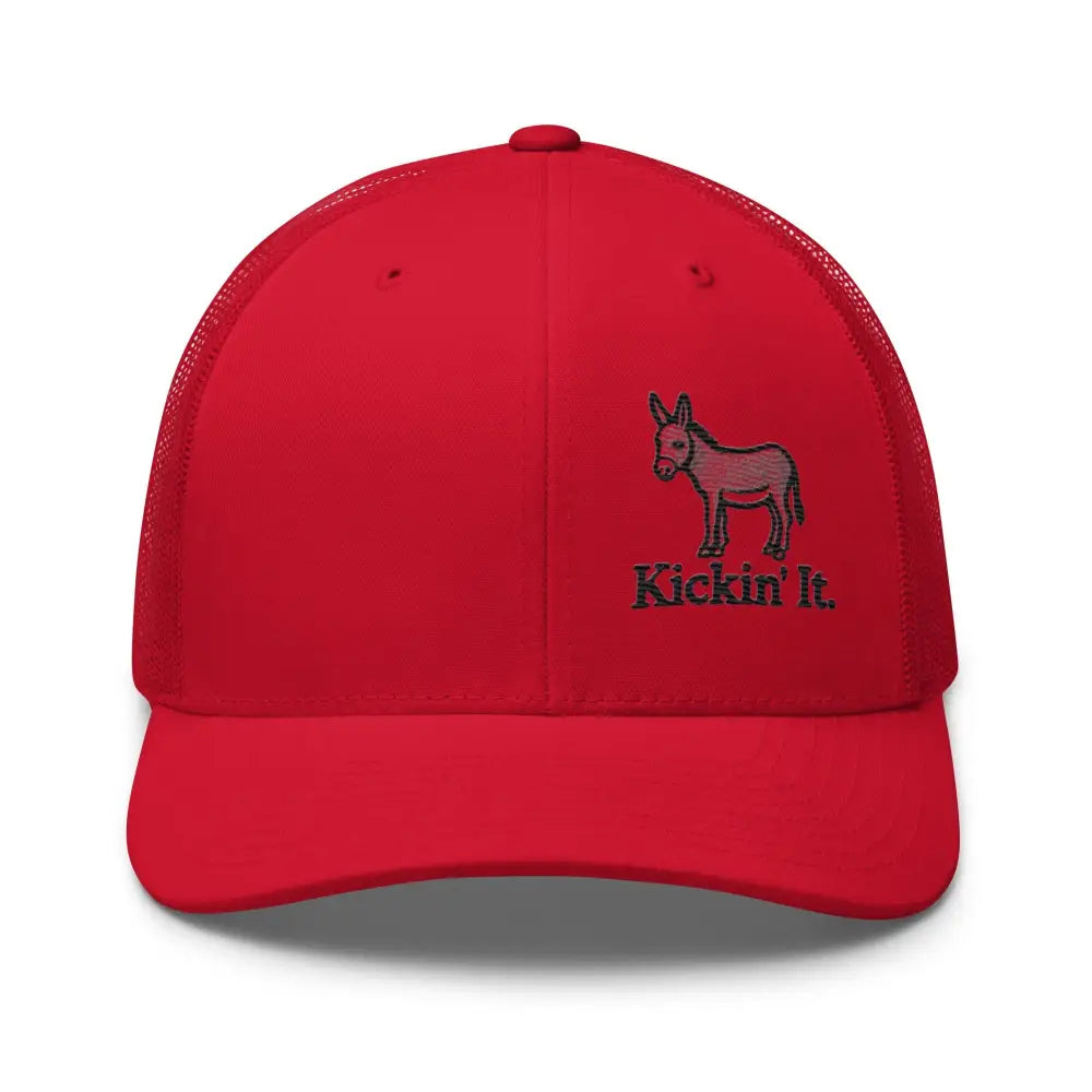 Red Trini Skies trucker cap with embroidered donkey kickin it graphic