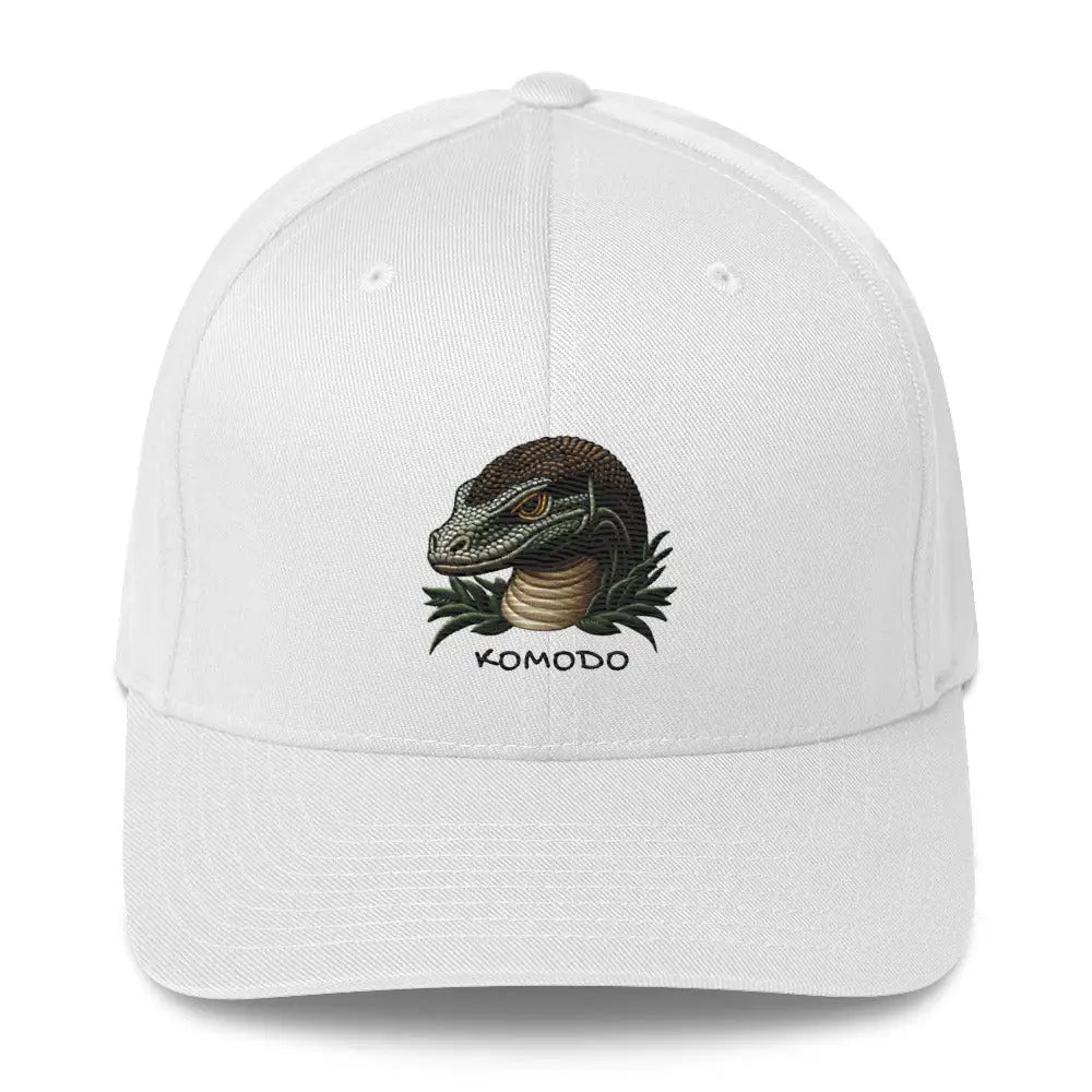 White embroidered Komodo dragon structured twill cap – wildlife reptile stretch fit athletic hat