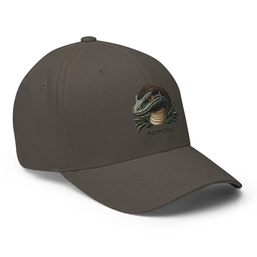 Dark grey Komodo dragon embroidered structured twill cap front view – wildlife athletic hat