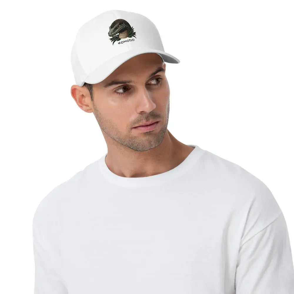 White embroidered Komodo dragon structured twill hat side view – stretch fit athletic cap